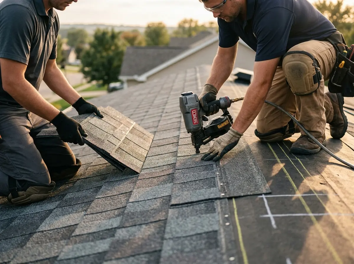 Professional roofer working on a residential roof in Sherwood